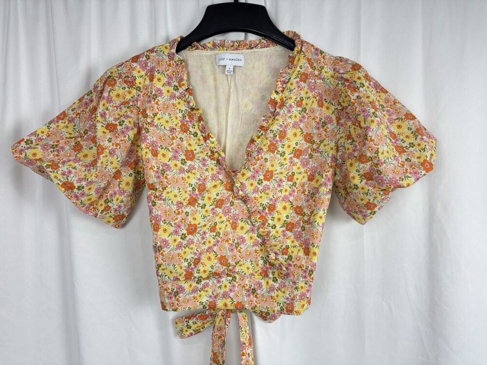 Lost & Wander Sundance Micro Floral Faux Wrap Top Size S Puff Sleeve